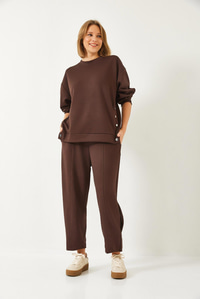 Yanları Düğme Detaylı Alt Üst Takım 60351257 - Kahverengi
