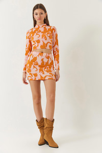Yarım Balıkçı Yaka Uzun Kollu Crop Mini Etekli Alt-Üst Takım 60261384 - Orange-Pudra