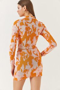 Yarım Balıkçı Yaka Uzun Kollu Crop Mini Etekli Alt-Üst Takım 60261384 - Orange-Pudra