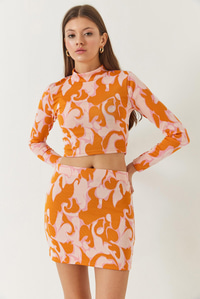 Yarım Balıkçı Yaka Uzun Kollu Crop Mini Etekli Alt-Üst Takım 60261384 - Orange-Pudra