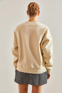 Yazı Baskılı Üç İplik Şardonlu Sweatshirt - Bej SWEATSHİRT modelleri