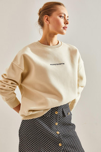 Yazı Baskılı Üç İplik Şardonlu Sweatshirt - Bej SWEATSHİRT modelleri