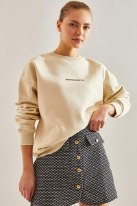 Yazı Baskılı Üç İplik Şardonlu Sweatshirt - Bej SWEATSHİRT modelleri