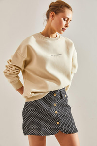 Yazı Baskılı Üç İplik Şardonlu Sweatshirt - Bej SWEATSHİRT modelleri