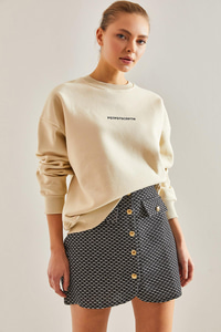 Yazı Baskılı Üç İplik Şardonlu Sweatshirt - Bej SWEATSHİRT modelleri