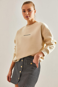Yazı Baskılı Üç İplik Şardonlu Sweatshirt - Bej SWEATSHİRT modelleri