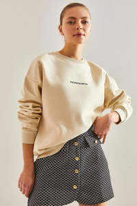 Yazı Baskılı Üç İplik Şardonlu Sweatshirt - Bej SWEATSHİRT modelleri