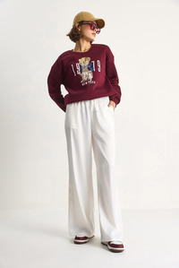 Yüksek Bel Beli Lastikli Saten Bol Paça Pantolon 4027 60284074 - Beyaz PANTOLON modelleri