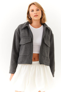Yumuşak Kaşe Crop Ceket MBMS013 60501013 - Gri