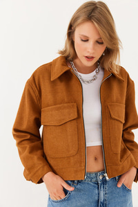 Yumuşak Kaşe Crop Ceket MBMS013 60501013 - Taba