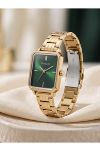 26x34 mm Dikdörtgen Kadın Kol Saati Yeşil Kadran Gold Renk Küçük Kasa