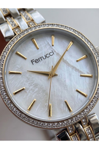 35 mm Kadın Kol Saati Çift Renk Taşlı Kadran Gold Gümüş Kordon