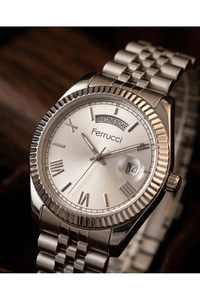 Erkek Kol Saati 41 mm Çelik Kordon Gümüş Kadran Gün Takvim Quartz Klasik Saat