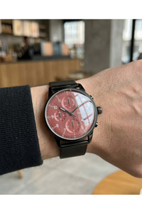 Erkek Kol Saati 42 mm Hasır Çelik Kordon Kırmızı Kadran Bombeli Cam Quartz Saat