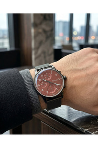 Erkek Kol Saati 42 mm Hasır Çelik Kordon Kırmızı Kadran Bombeli Cam Quartz Saat