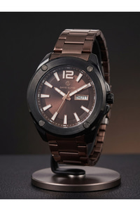 Erkek Kol Saati 42 mm Kahverengi Kadran Siyah Detaylı Çelik Kordon