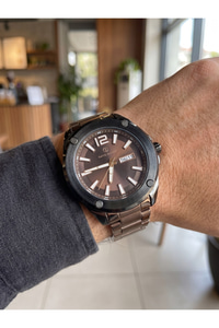Erkek Kol Saati 42 mm Kahverengi Kadran Siyah Detaylı Çelik Kordon