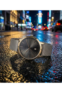 Erkek Kol Saati 44 mm Antrasit Kadran Hasır Çelik Kordon Takvimli Quartz Saat