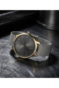 Erkek Kol Saati 44 mm Antrasit Kadran Hasır Çelik Kordon Takvimli Quartz Saat