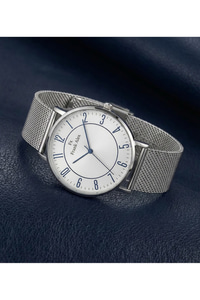 Erkek Kol Saati Beyaz Kadran Mavi Rakamlı Çelik Hasır Kordon Quartz Saat 41-45 mm