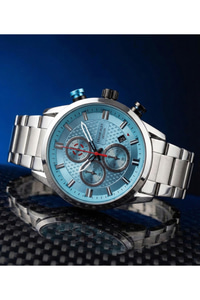 Erkek Kol Saati Mavi Kadran Çelik Kordon Kronograf Görünümlü Quartz Mineral Cam 46 mm