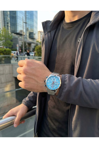 Erkek Kol Saati Mavi Kadran Çelik Kordon Kronograf Görünümlü Quartz Mineral Cam 46 mm