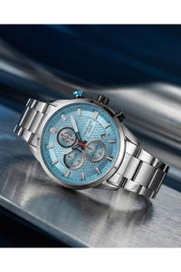 Erkek Kol Saati Mavi Kadran Çelik Kordon Kronograf Görünümlü Quartz Mineral Cam 46 mm