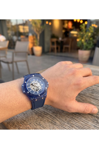 Erkek Saat 42 mm Otomatik Mekanizma Lacivert Şeffaf Kasa Silikon Kordon Spor Kol Saati