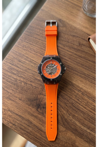 Erkek Saat 42 mm Otomatik Mekanizma Turuncu Kadran Şeffaf Kasa Silikon Kordon Spor Kol Saati
