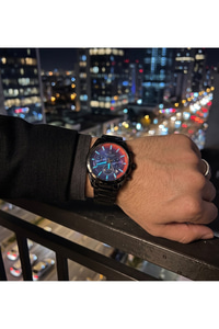 Erkek Saat 43 mm Büyük Kasa Siyah Çelik Renkli Cam Chronograph Kol Saati