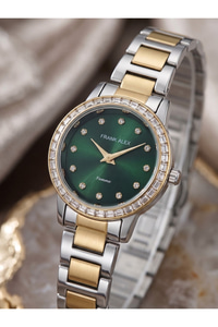 Femme 24 mm Mini Küçük Kasa Çift Renk Metal Kordon Yeşil Taşlı Kadın Saati