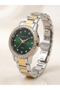 Femme 24 mm Mini Küçük Kasa Çift Renk Metal Kordon Yeşil Taşlı Kadın Saati