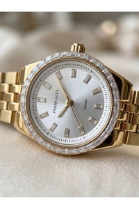 Femme 27 mm Gold Renk Taşlı Bezel Gümüş Kadran Küçük Kasa Kadın Saati