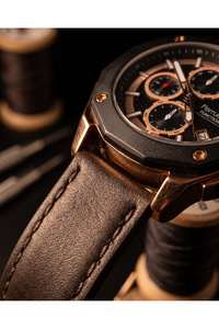 Function 43 mm Erkek Kol Saati Mat Siyah Kasa Kahverengi Detaylı Kadran Deri Kordon Çok Fonksiyonlu Quartz Saat
