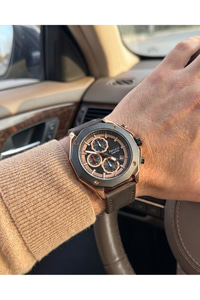 Function 43 mm Erkek Kol Saati Mat Siyah Kasa Kahverengi Detaylı Kadran Deri Kordon Çok Fonksiyonlu Quartz Saat