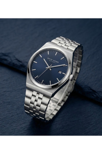 Gümüş Renk Lacivert Kadranlı Takvimli Unisex Kol Saati 37 mm Çelik Quartz