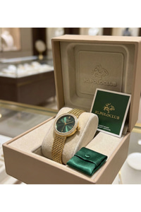 JG Polo Club 26mm Yeşil Kadranlı Gold Renkli Kadın Kol Saati Taşlı Çelik Kordon 5 ATM