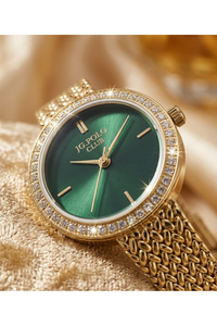 JG Polo Club 26mm Yeşil Kadranlı Gold Renkli Kadın Kol Saati Taşlı Çelik Kordon 5 ATM