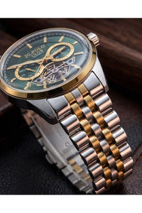 JG Polo Club 39 mm Otomatik Erkek Kol Saati Yeşil Kadran Bombeli Cam Mekanizma Görünümlü Çift Renk Çelik Kordon 5 ATM
