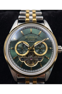 JG Polo Club 39 mm Otomatik Erkek Kol Saati Yeşil Kadran Bombeli Cam Mekanizma Görünümlü Çift Renk Çelik Kordon 5 ATM