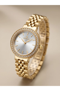 Kadın Kol Saati 24 mm Gold Çelik Kordon Taşlı Bezel 5 ATM