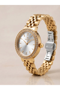 Kadın Kol Saati 24 mm Gold Çelik Kordon Taşlı Bezel 5 ATM