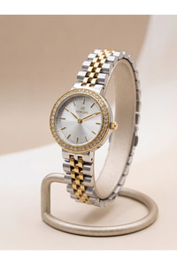 Kadın Kol Saati 24 mm Gold Gümüş Çift Renk Çelik Kordon Taşlı Bezel 5 ATM