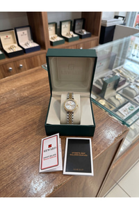 Kadın Kol Saati 24 mm Gold Gümüş Çift Renk Çelik Kordon Taşlı Bezel 5 ATM