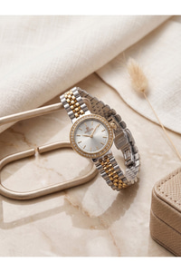 Kadın Kol Saati 24 mm Gold Gümüş Çift Renk Çelik Kordon Taşlı Bezel 5 ATM