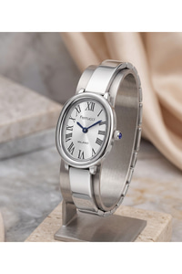 Kadın Kol Saati 28 mm Gümüş Rengi Mavi Detaylı Oval Kasa Kelepçe Kordon