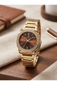 Kadın Kol Saati 28 mm Kahverengi Kadran Taşlı Bezel Gold Renk Çelik