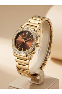 Kadın Kol Saati 28 mm Kahverengi Kadran Taşlı Bezel Gold Renk Çelik