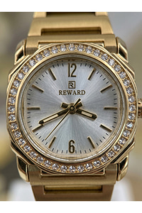 Kadın Kol Saati 28 mm Taşlı Bezel Gold Renk Çelik Gümüş Kadran