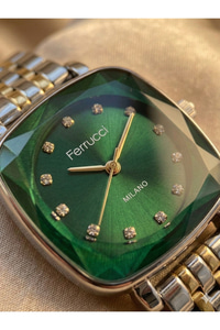 Kadın Kol Saati Çift Renk Çelik Kordon Yeşil Kadran Quartz Mineral Cam 3 ATM 28 mm